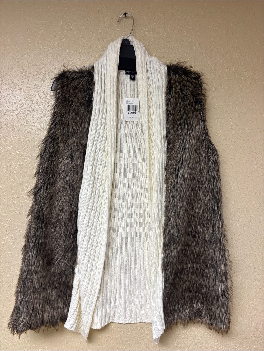 new directions Cream Comb Open Ribbed Cardigan Vest with Faux Fur Panels